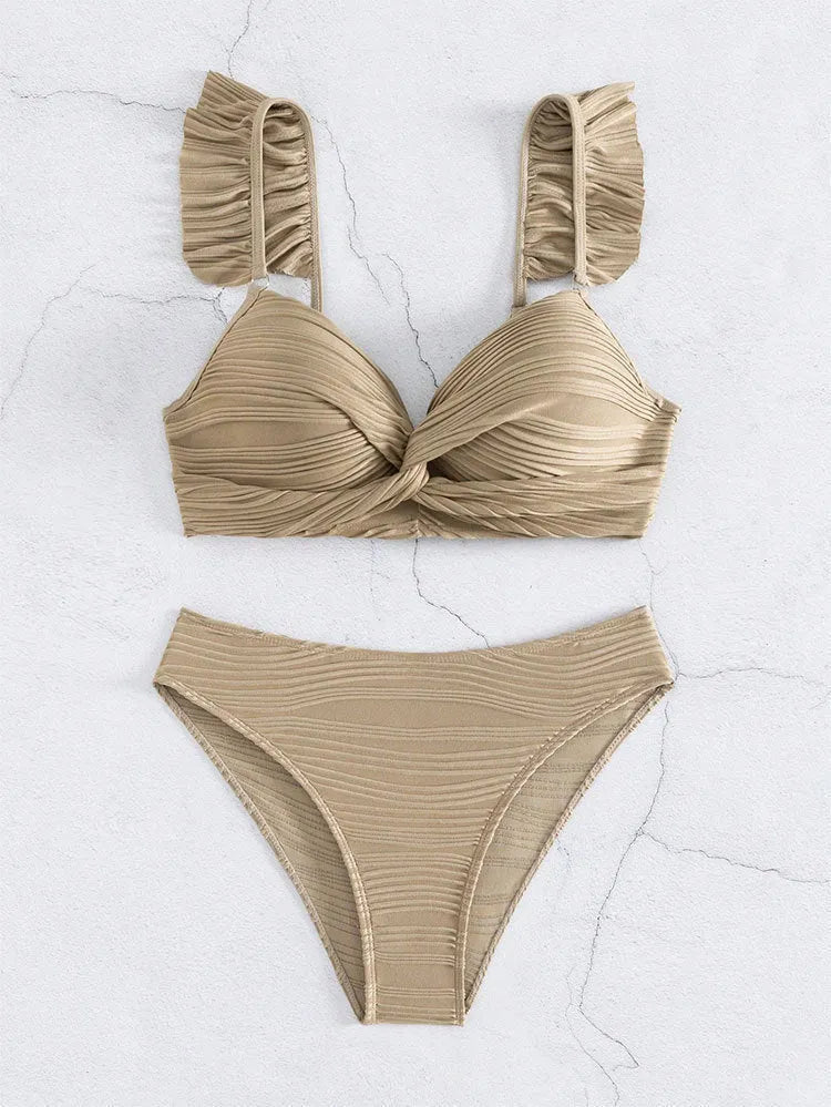 Solid colour women's bikini swimsuit in black or khaki made from polyester fabric