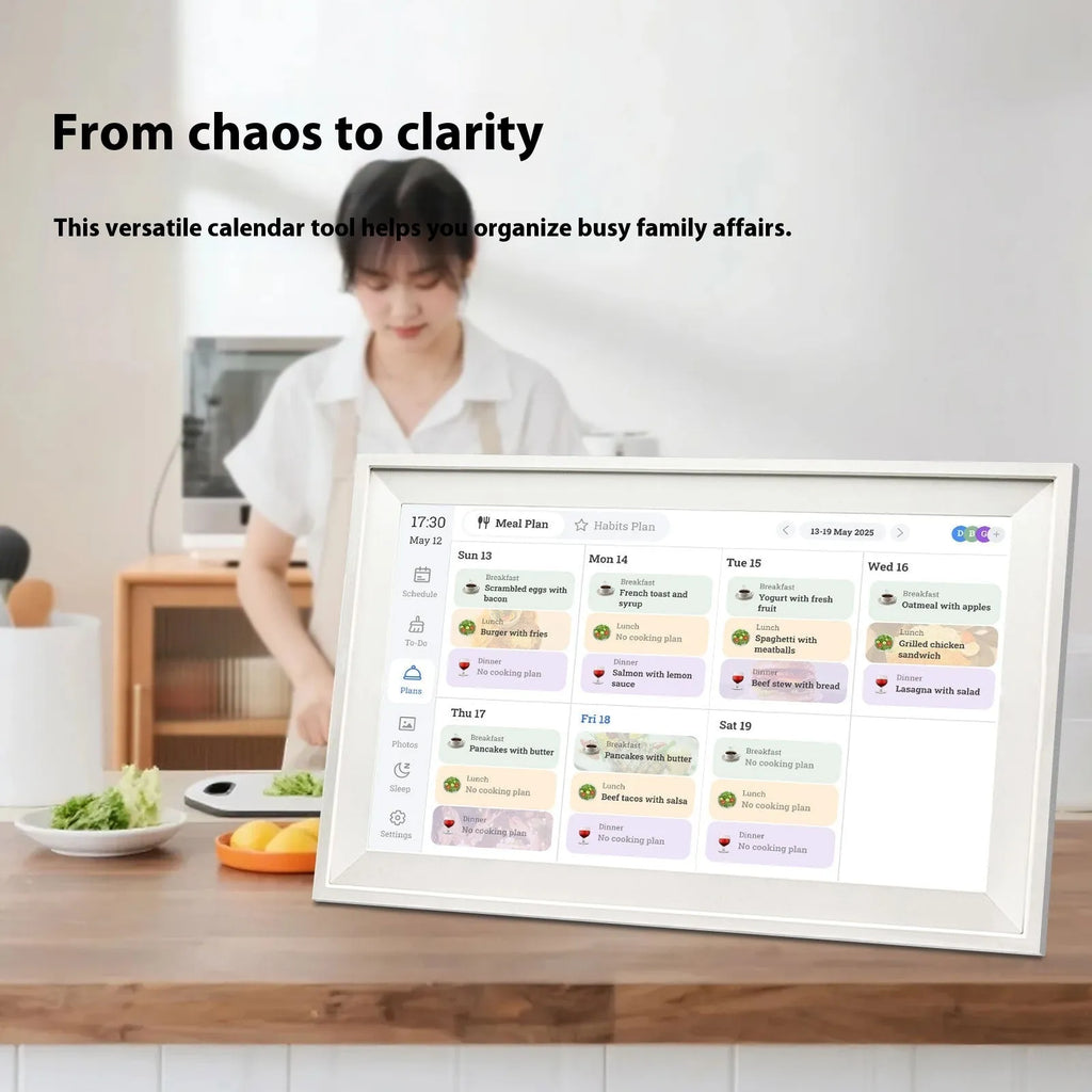 White 15.6 inch smart Wi-Fi digital photo frame with Full HD screen on a desk