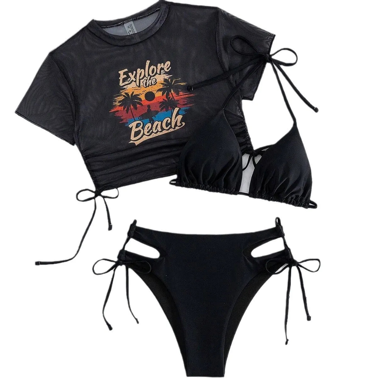 Women's three-piece bikini swimsuit set showing short-sleeved top, bra, and pants in multiple colours.