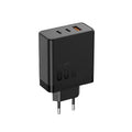 65W GaN multi-port fast charger with two USB-C and one USB-A output, black colour, British standard plug