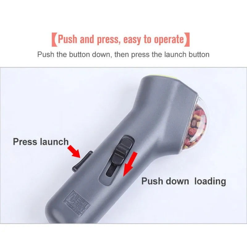 Grey interactive pet training toy with snack catapult launcher measuring 18cm