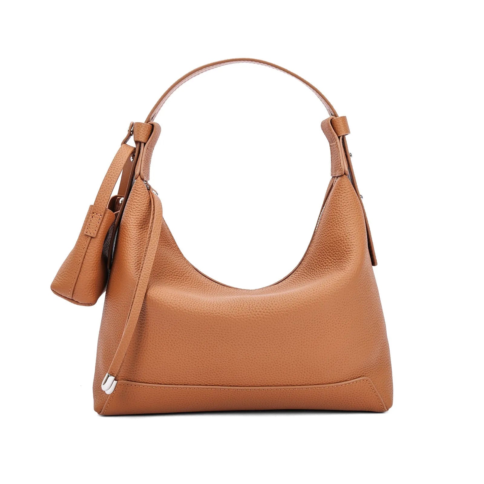 Genuine cowhide leather shoulder bag in urban simplicity style with visible sewing thread details