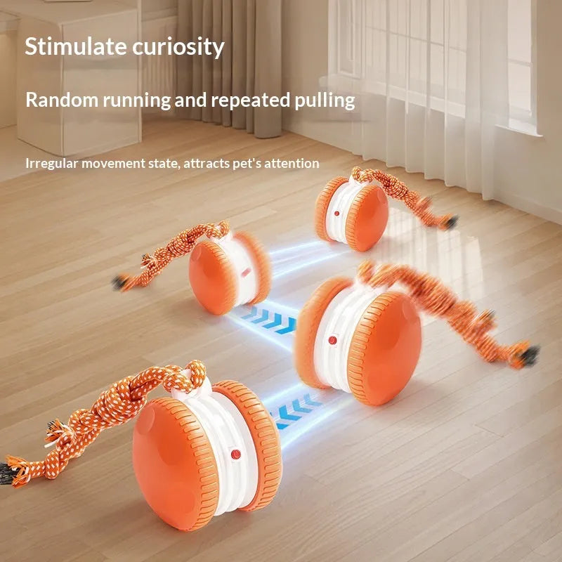 Rechargeable ABS rolling ball pet toy in orange colour on a light floor