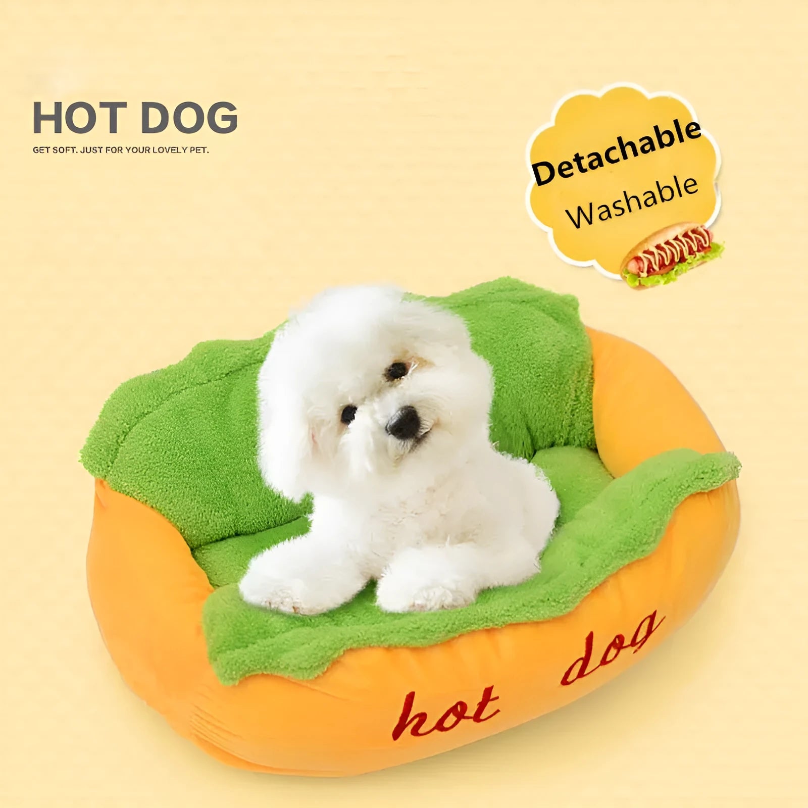 Hot dog shaped pet bed with flannelette mat, jean cloth sides, and anti-slip base for dogs and cats.