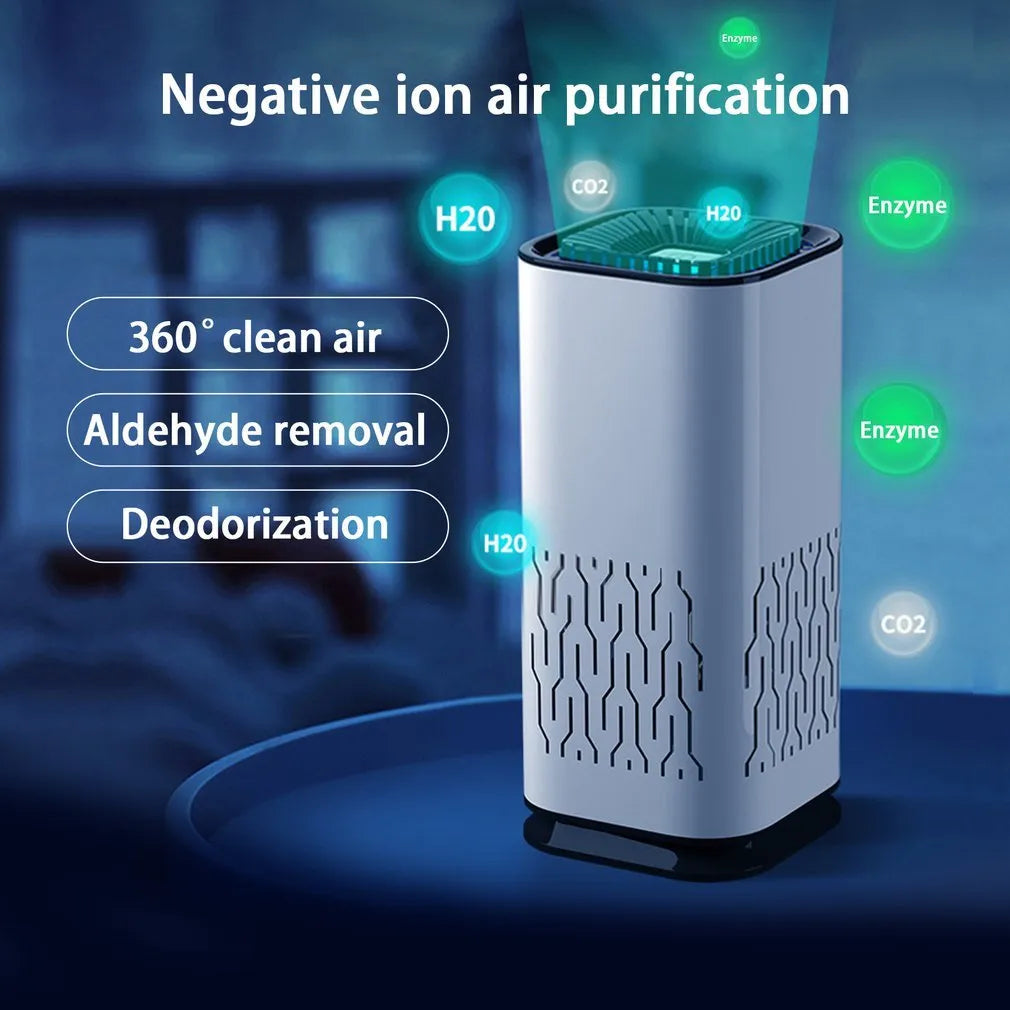 Portable car air purifier with double air inlets, black colour, 60x60x130mm size