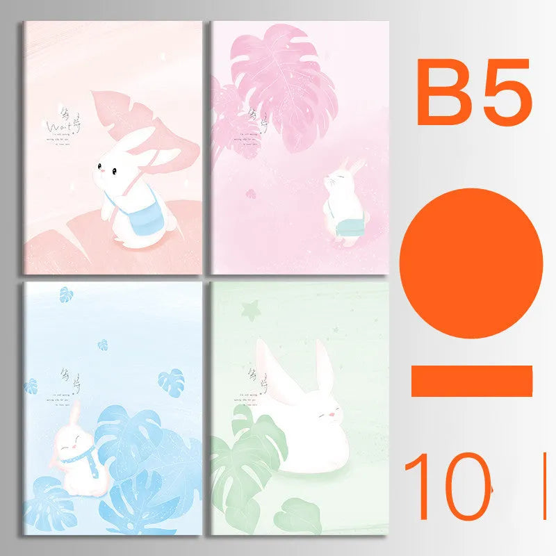 Pack of ten thread-bound A5 and B5 softcover notebooks showing multiple design styles including kraft paper and illustrated covers.