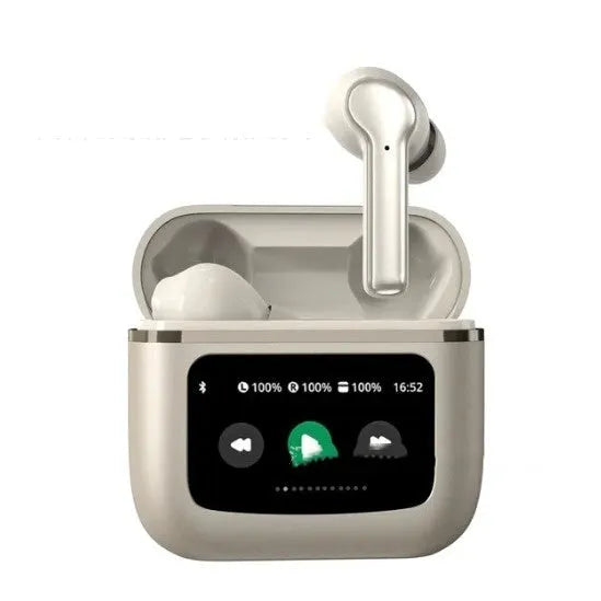 T68 PRO wireless in-ear Bluetooth headset with touch colour screen in black, silver, and champagne colours.