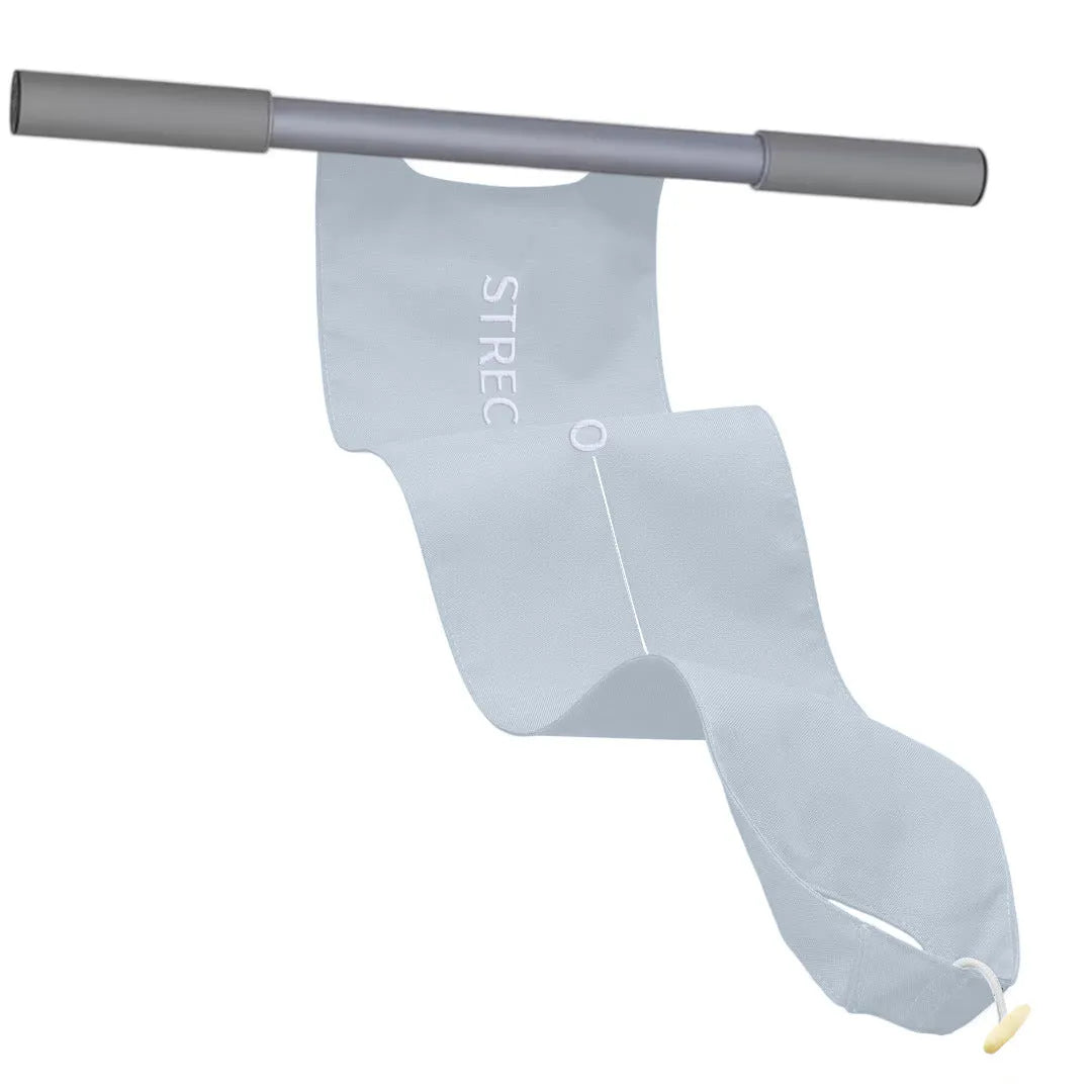 Grey and pink multi-function yoga stretching tool for shoulders, back and hips.