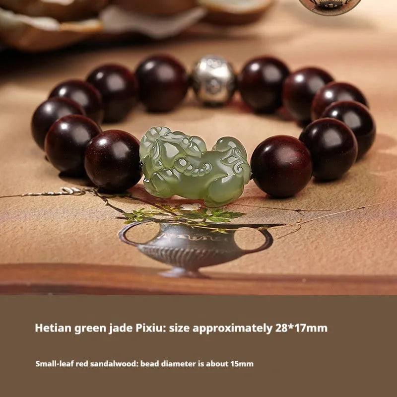 Traditional Chinese Hetian jade bracelet with black and red braided ropes and jade beads on elastic cord