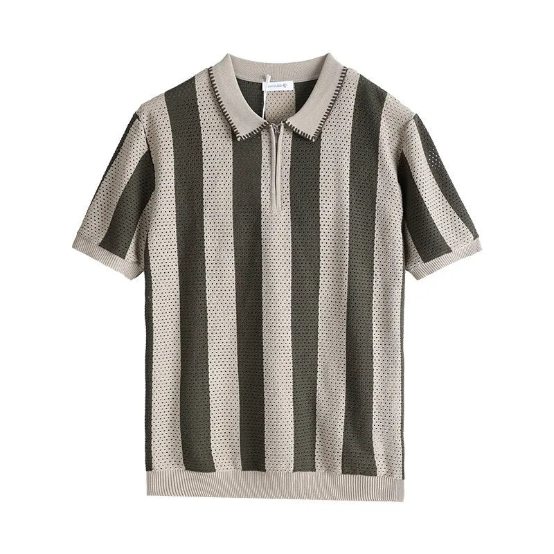 Men's short sleeve summer sweater in viscose with stripe pattern and zipper details