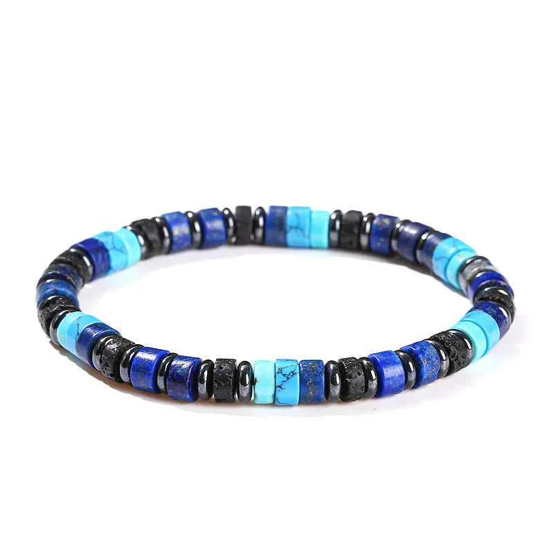 Natural volcanic rock and haematite 6mm bead bracelet with geometry-shaped stones