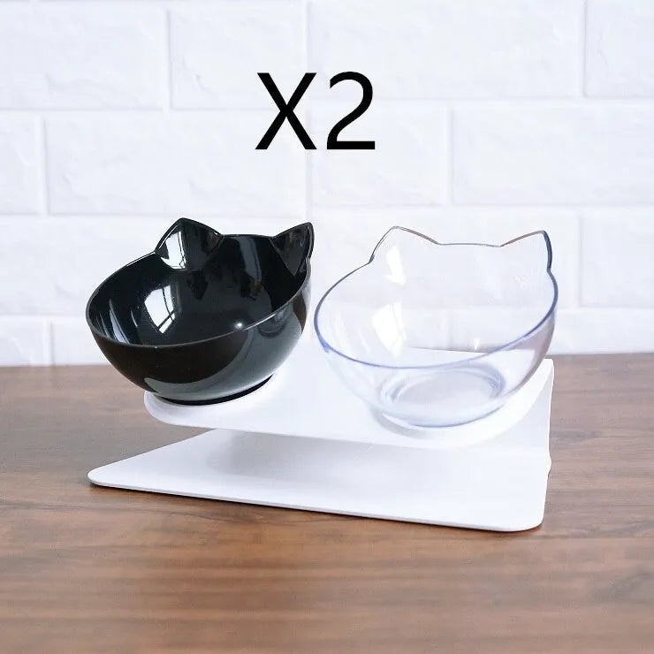 Non slip double cat bowl with raised stand transparent plastic pet feeder for dogs and cats