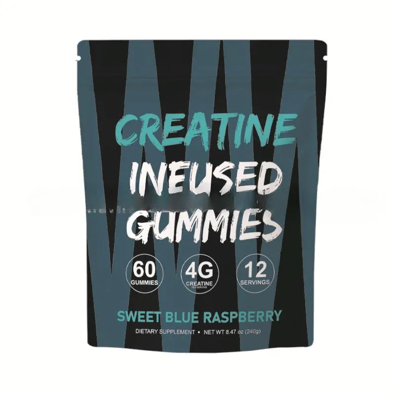 Creatine monohydrate nutritional supplement gummies in a box with 60 pieces, room temperature storage