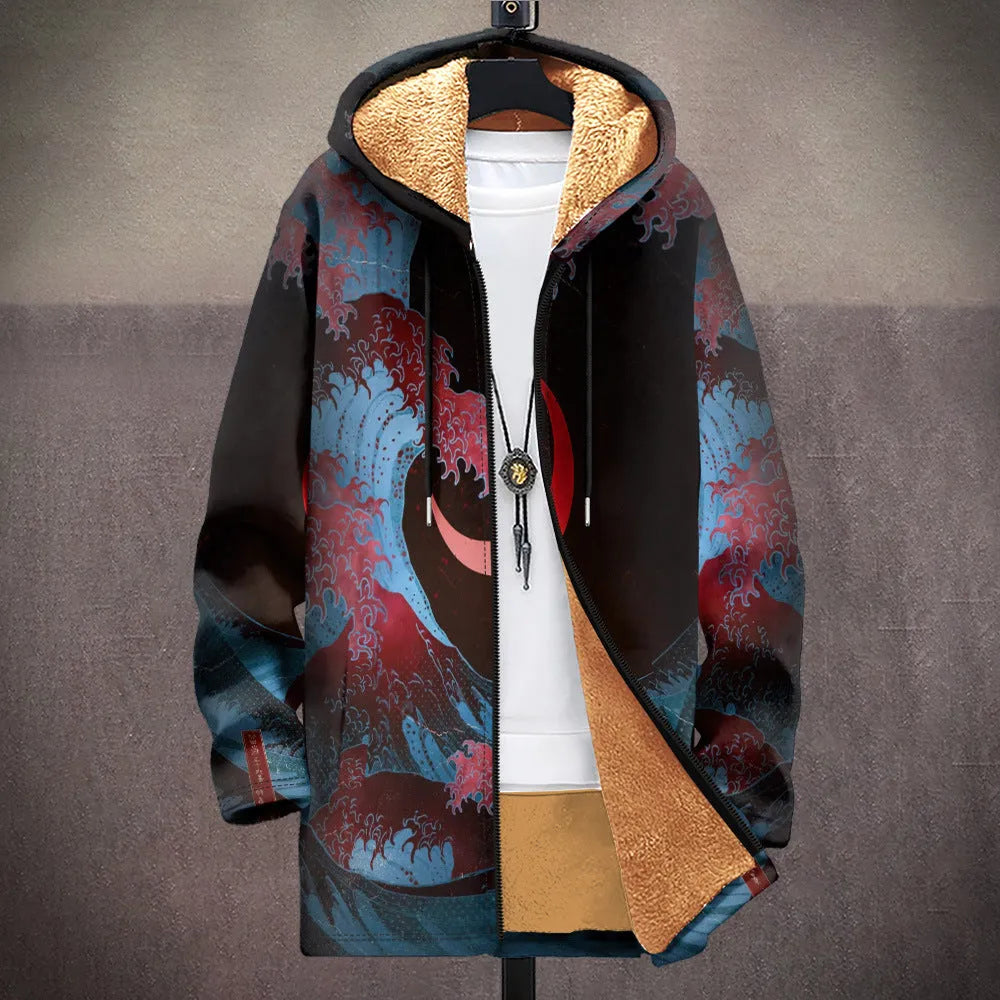 Man wearing a multicolour digitally printed hooded cardigan with a zipper front in a loose fit.