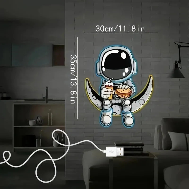 USB-powered wall-mounted astronaut neon light in blue or cold white lemon yellow, dimensions 30cm by 35cm