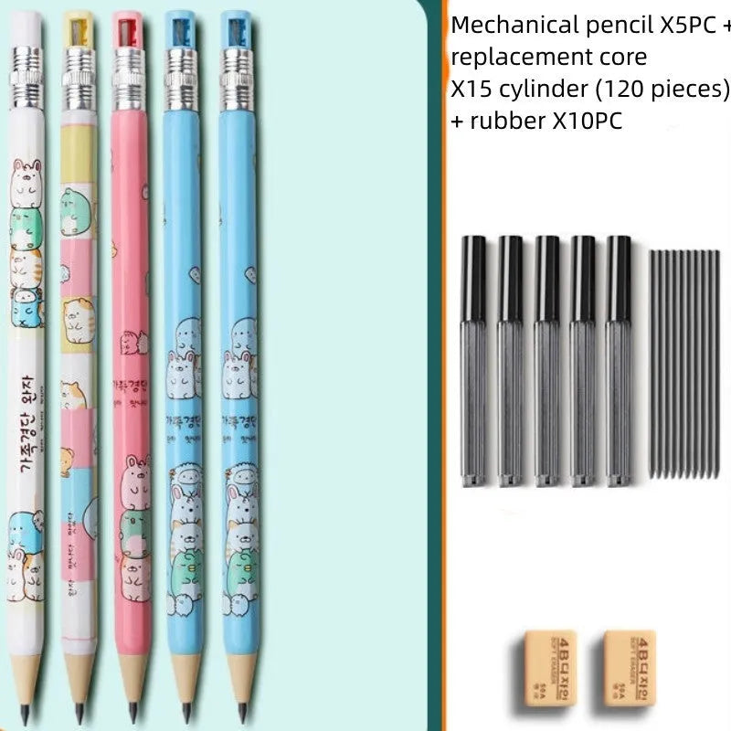 Set of colourful cartoon-style children's mechanical pencils with 2.0mm leads and separate rubber erasers.