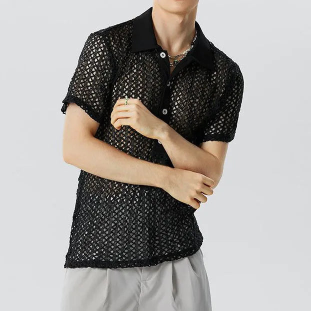 Men's solid colour black polyester jacquard lapel sweater on a model, showing the collar and knit texture