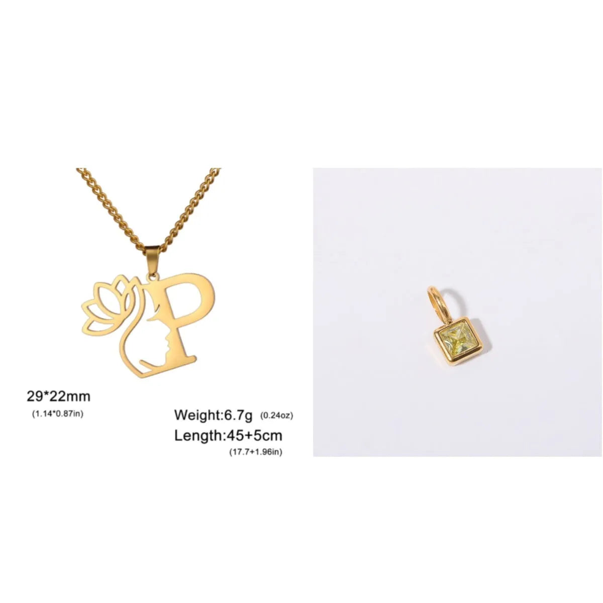 Stainless steel necklace with cross chain and a single initial pendant in a gold or silver finish.