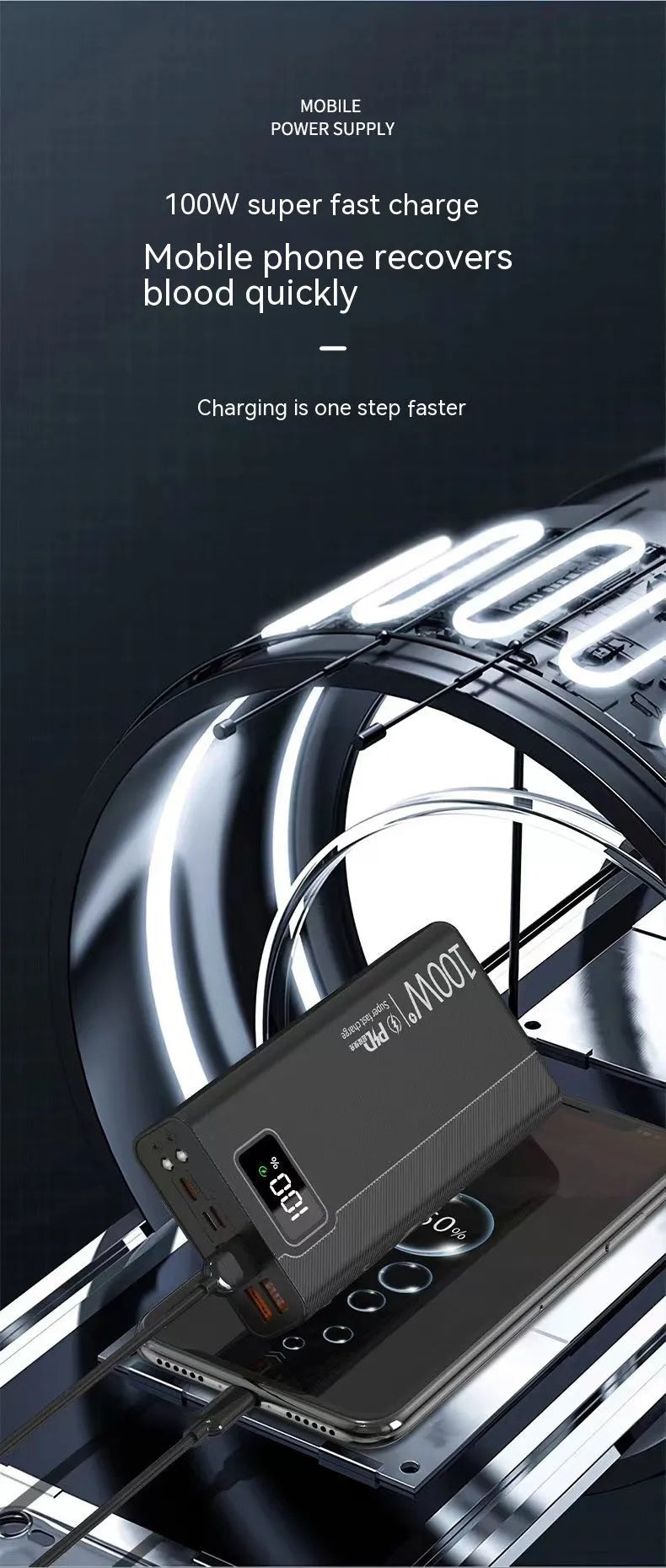 Large capacity power bank in black or white colour with plastic shell, showing front view with dimensions