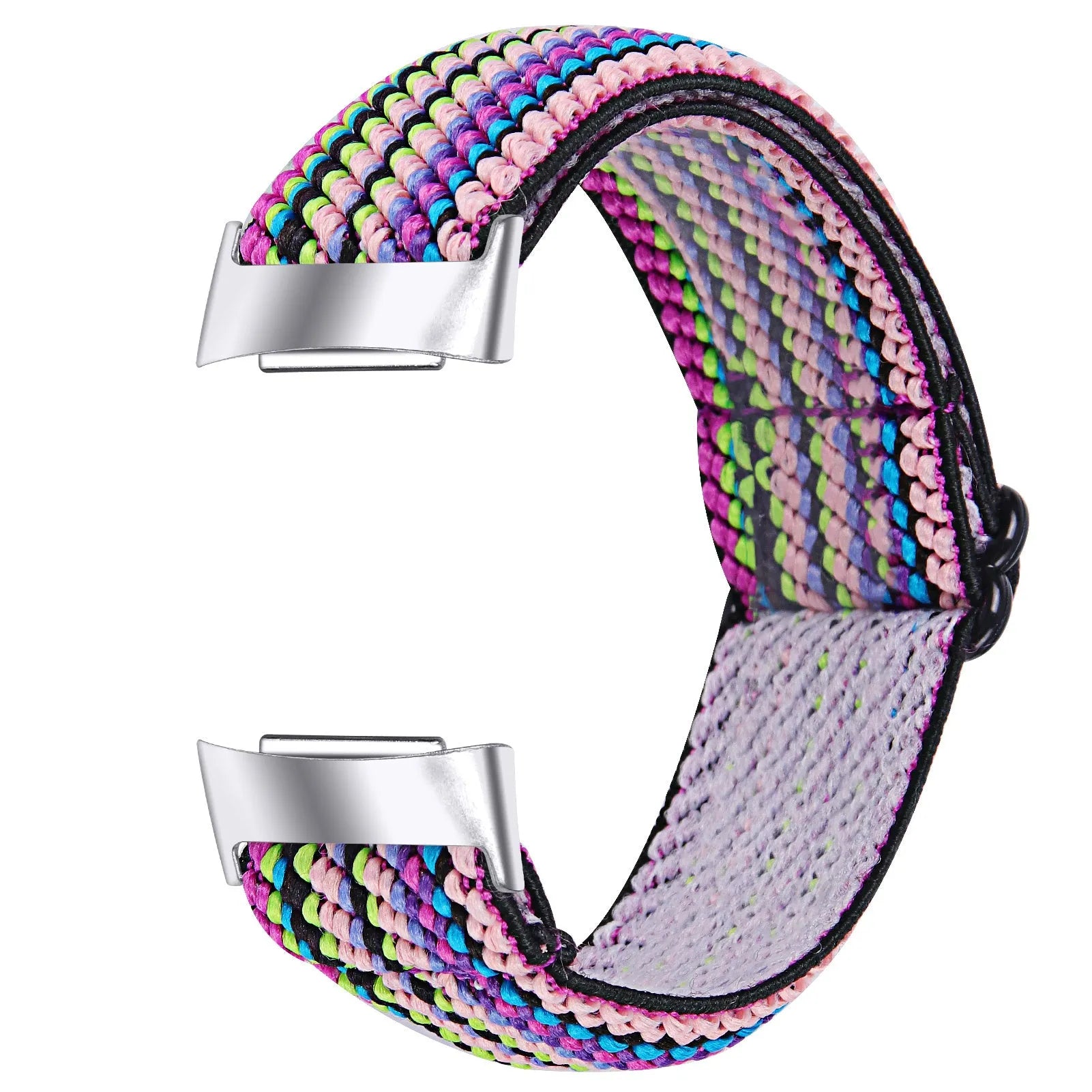 Printed elastic replacement watch strap compatible with Fitbit Charge 6, shown in an adjustable length.