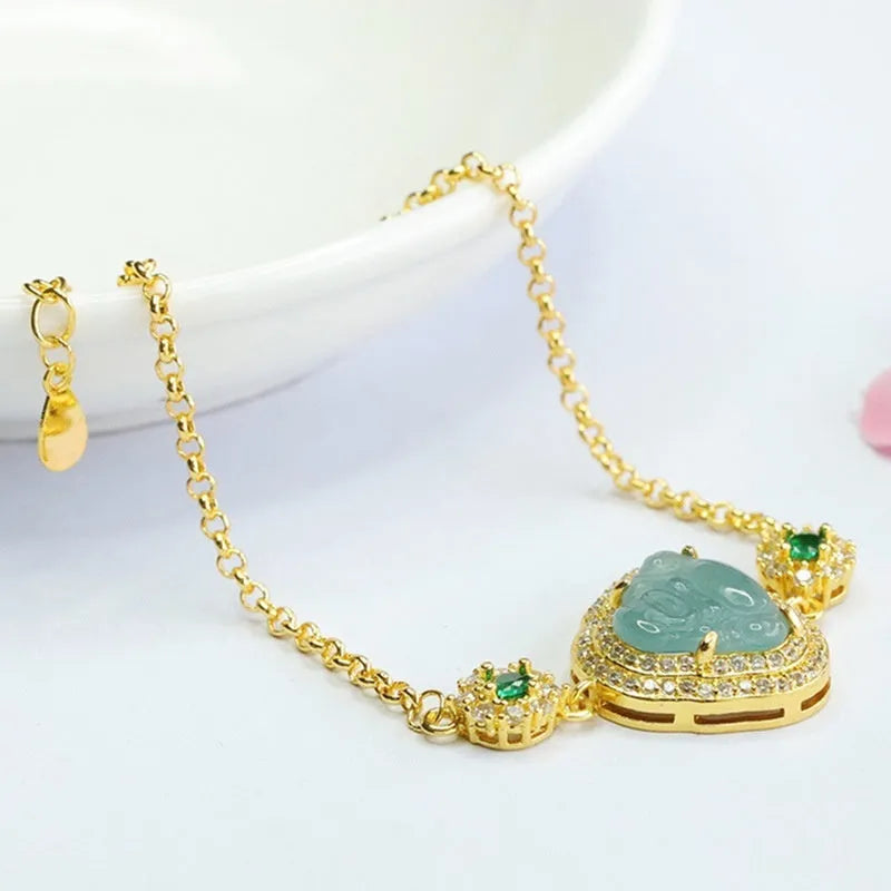 Emerald blue water Buddha jade bracelet for women showing 10x13mm dimensions and inlaid details