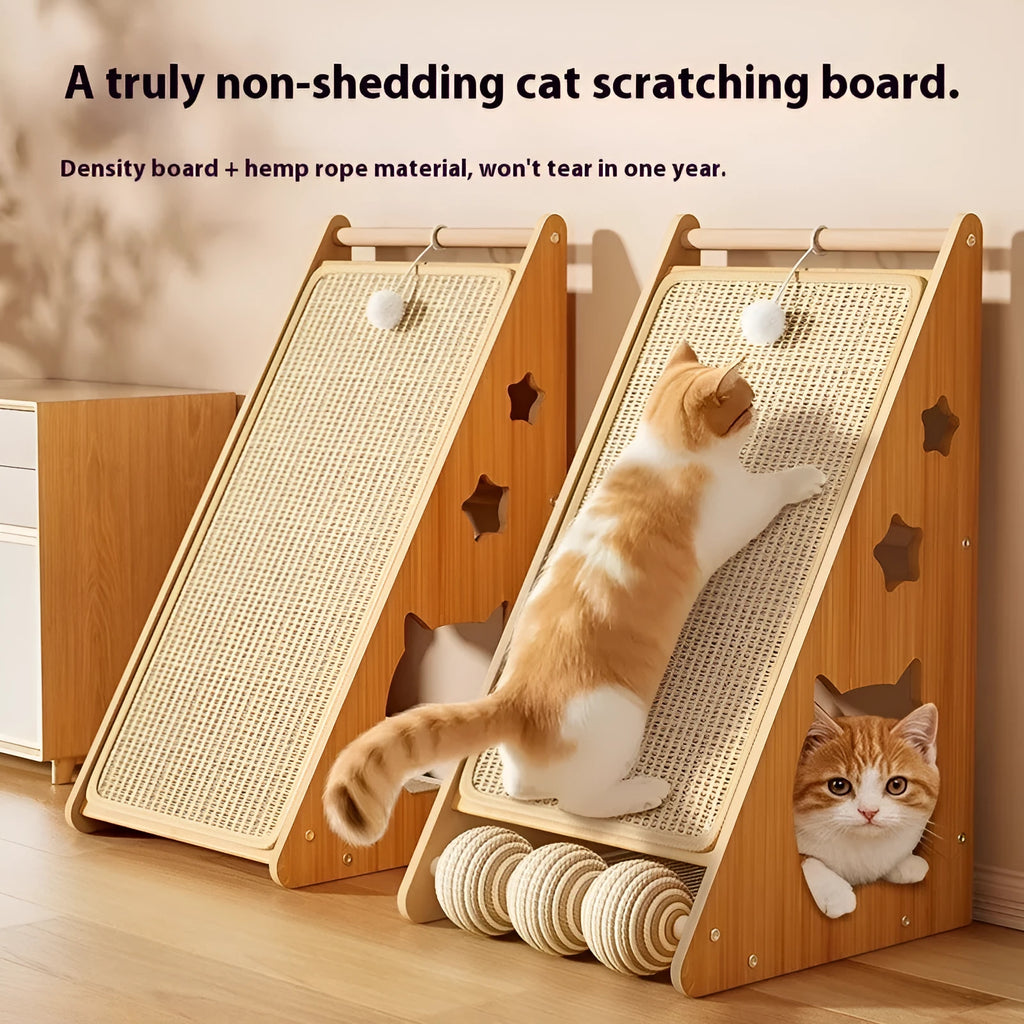 Vertical wall-mounted cat scratch board with sisal surface and dangling cat teasing ball on hemp rope