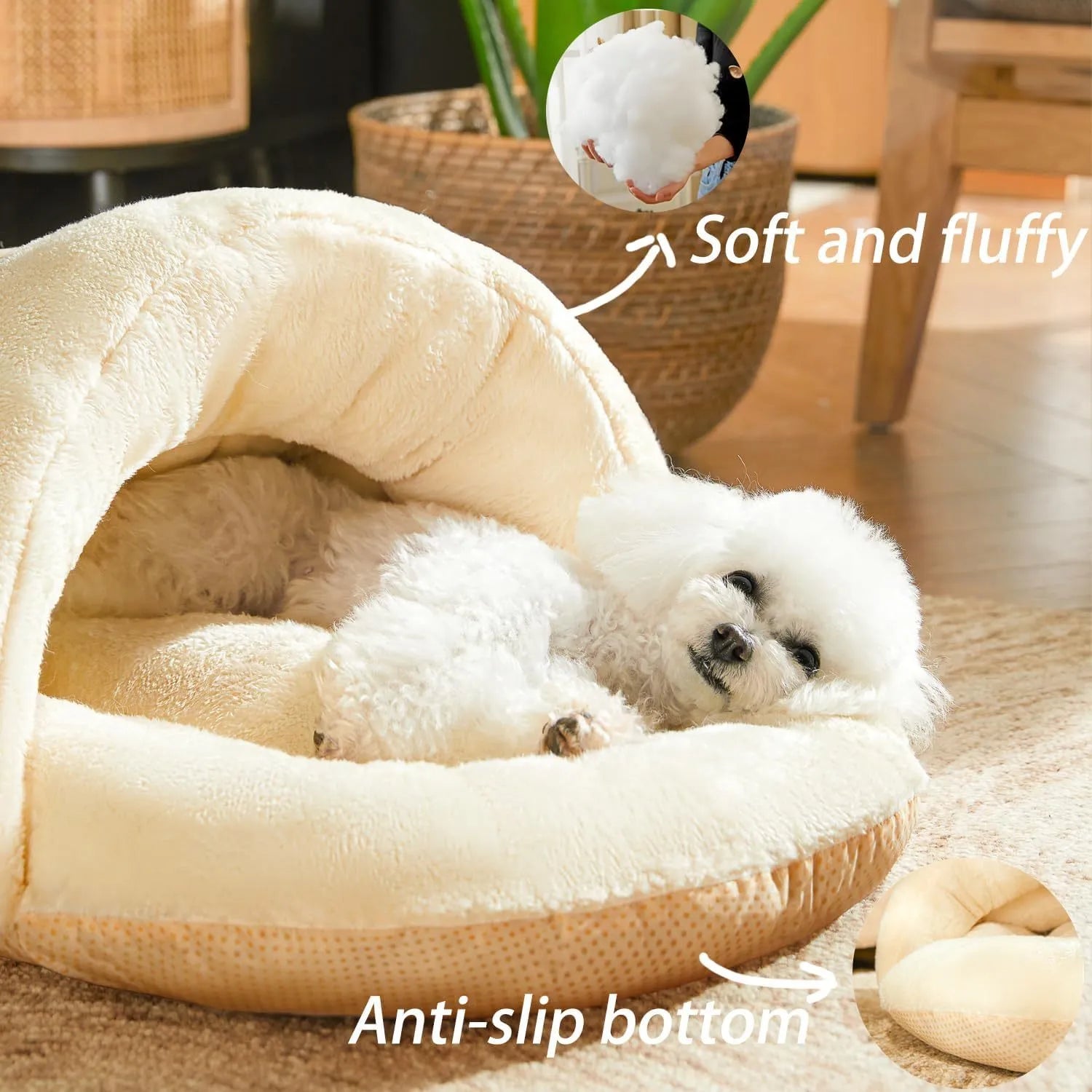 Grey slipper-shaped cat cave bed with plush lining on a wooden floor.