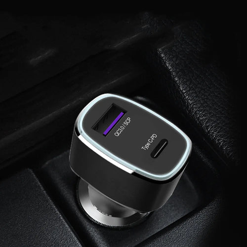 Dual-output car charger with USB and Type-C ports for fast charging devices in vehicles