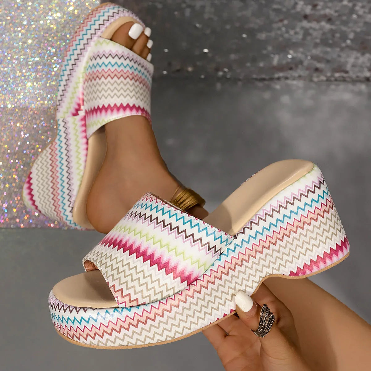 Women's beige wedge sandals with blue wave print, thick rubber platform sole, and fish mouth open toe.