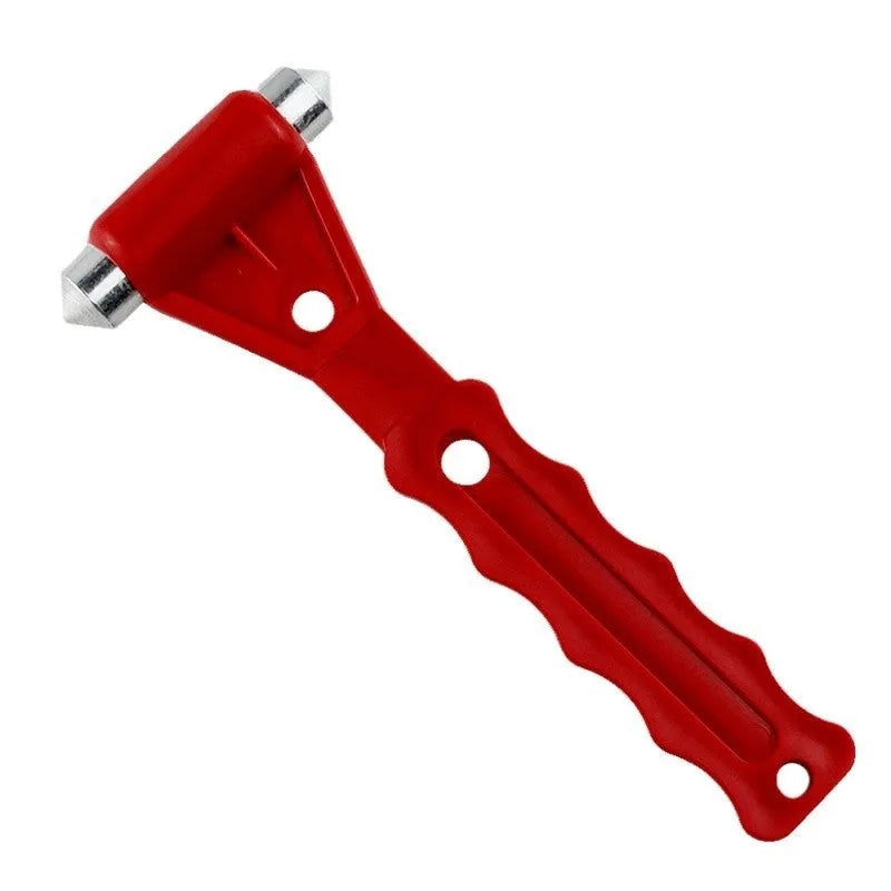 Red emergency window breaking hammer with steel striking tip on white background