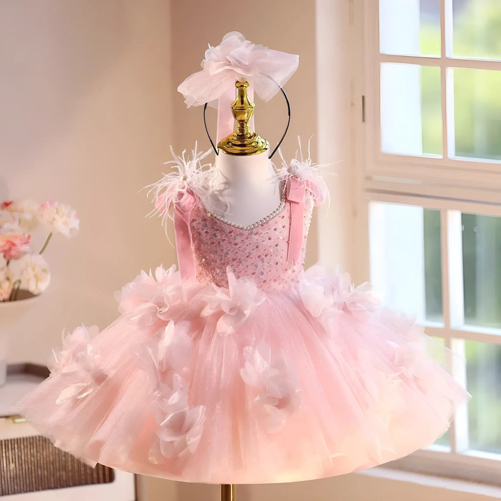 Pink polyester princess dress for girls, fits height 80-150cm, piano recital wear