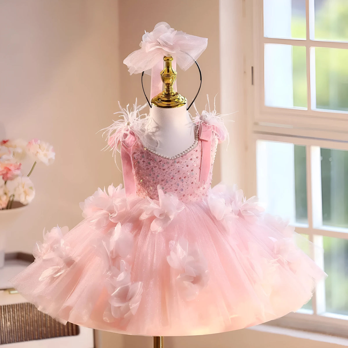 Pink polyester princess dress for girls, fits height 80-150cm, piano recital wear