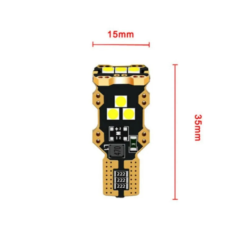 Single white T15 automotive reverse light bulb with PVC housing on a plain background.