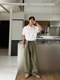 Army green men's leisure trousers with drawstring waist in Japanese style