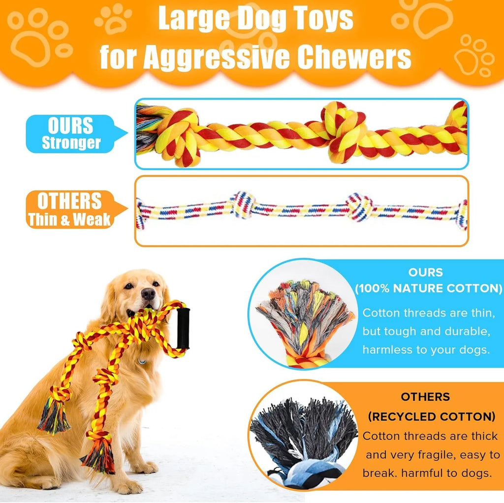 Blue and yellow woven cotton dog tug toy with ergonomic handle for large breed dogs.