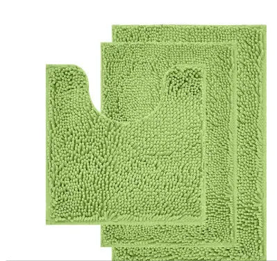 Chenille long hair three-piece bathroom mat set showing square, rectangular, and U-shaped pieces in a modern colour.