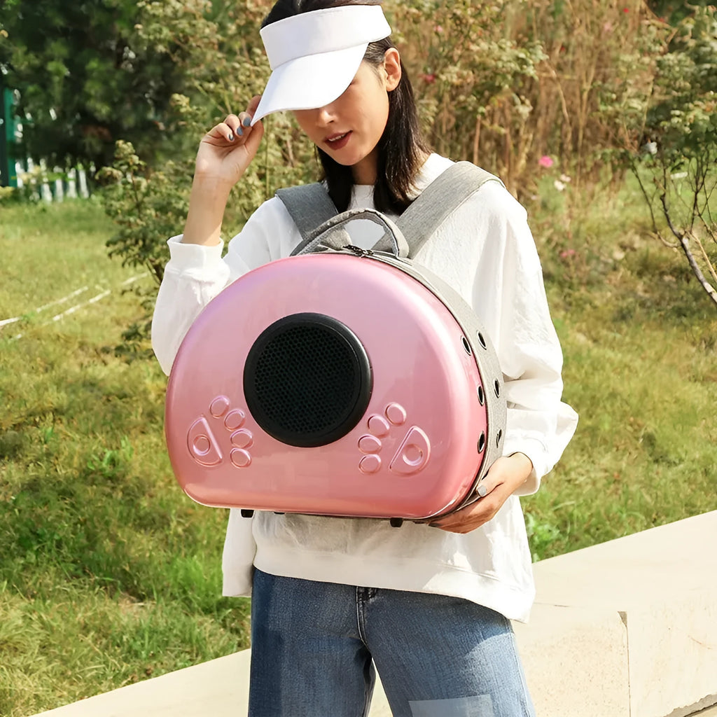 Transparent space capsule cat carrier bag in PC canvas material with rose gold cover