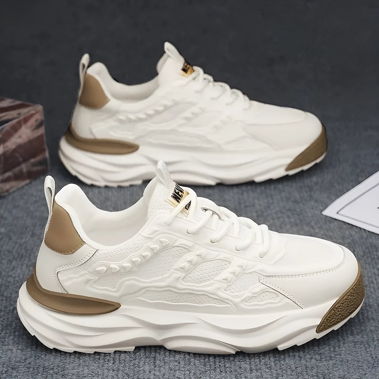 Men's white and black breathable mesh casual shoes with round toe design