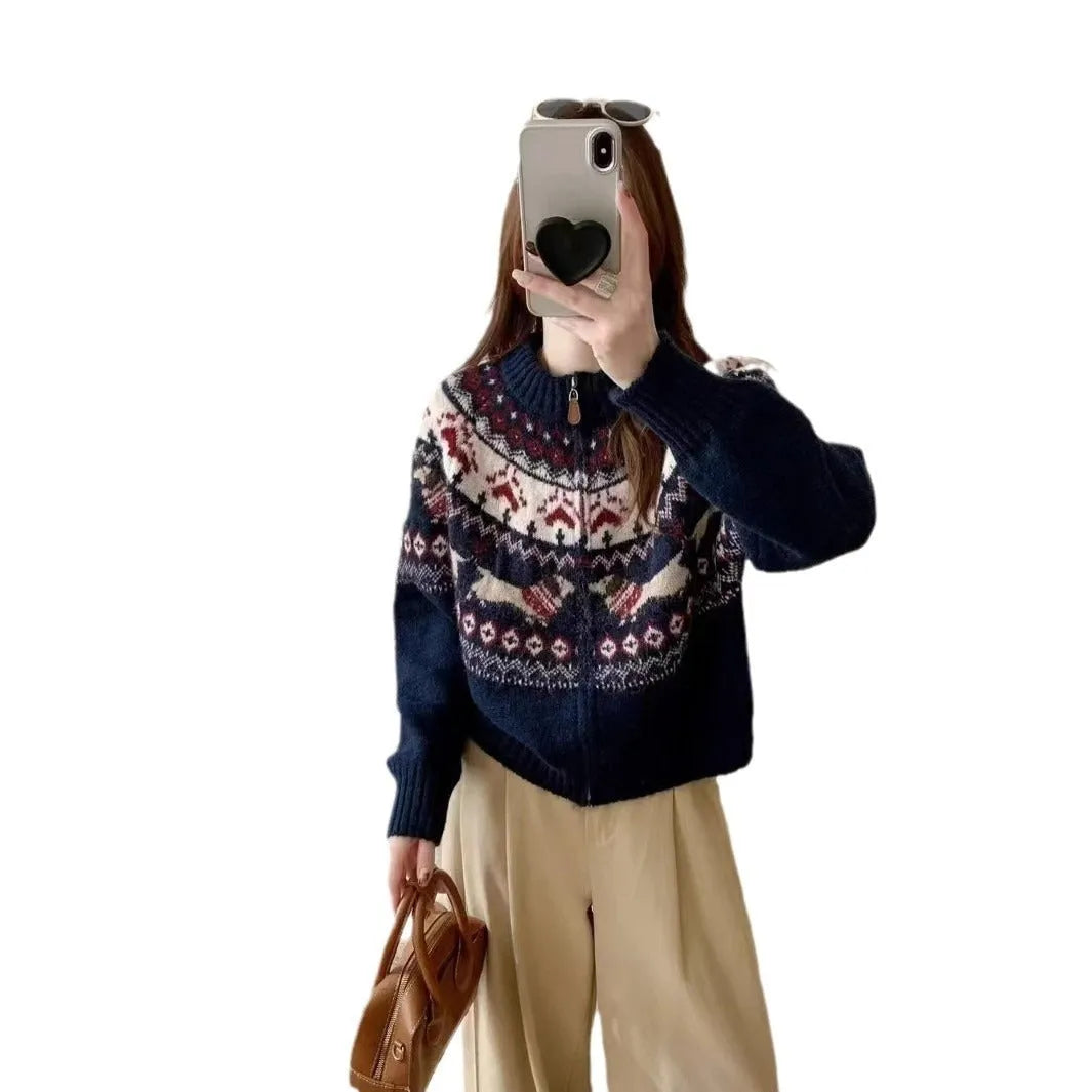 Ethnic style heavy industry jacquard round neck pullover sweater in apricot, loose fit, long sleeves, polyester fabric