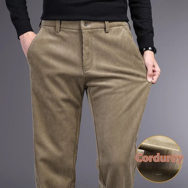 Straight-leg striped trousers in a khaki colour, showing the zip fly front and classic fit.