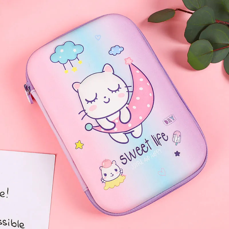 Square canvas pencil case with cartoon anime design, zip closure, and large storage capacity.