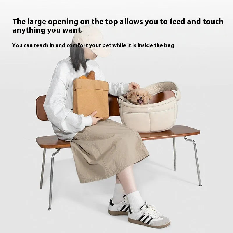 Portable outdoor nylon pet messenger bag for small pets under 6kg in Almond Custard colour with adjustable strap