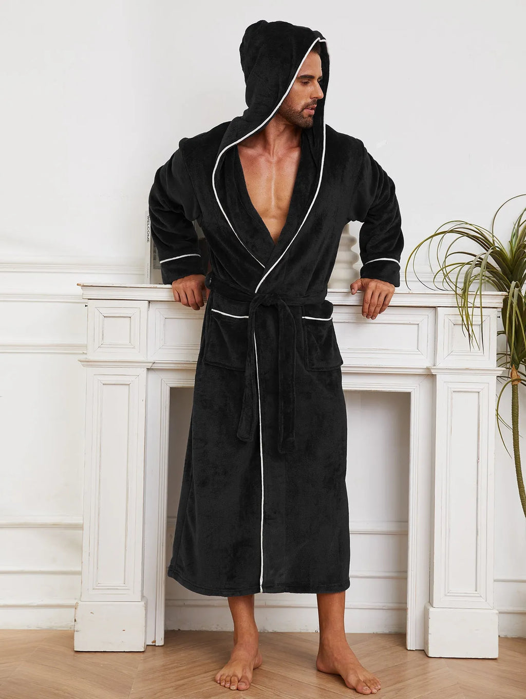 Men's grey flannel bathrobe set with European styling for winter loungewear