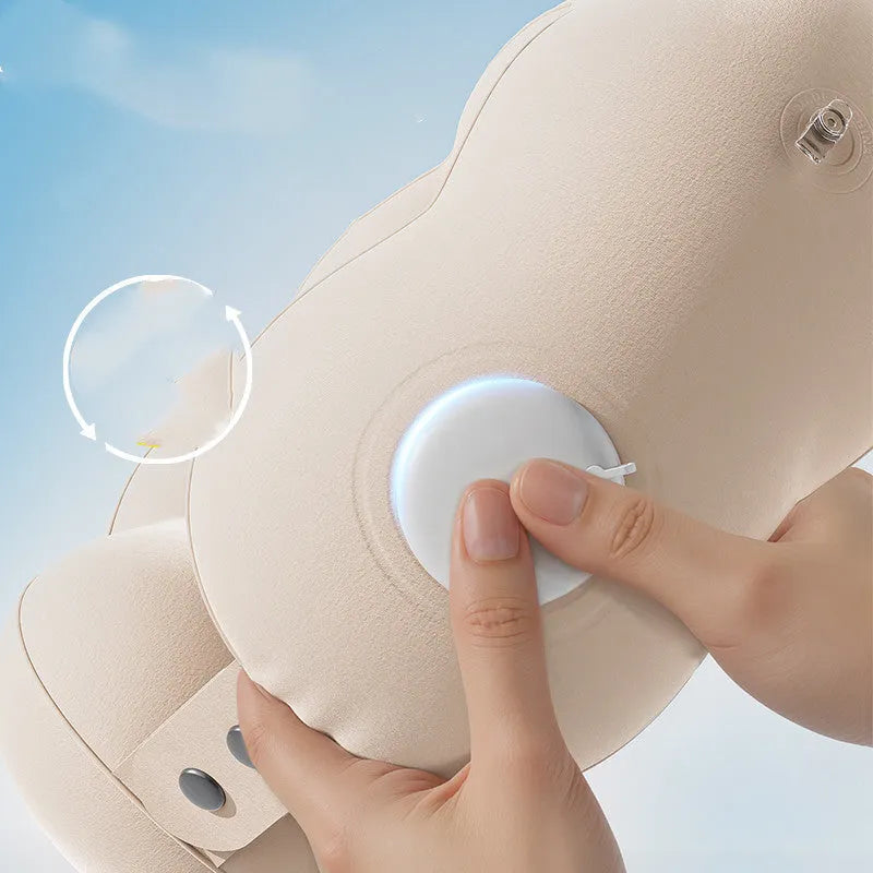 Cloud bubble coloured U-shaped travel pillow with cartoon print, folded compactly for transport.