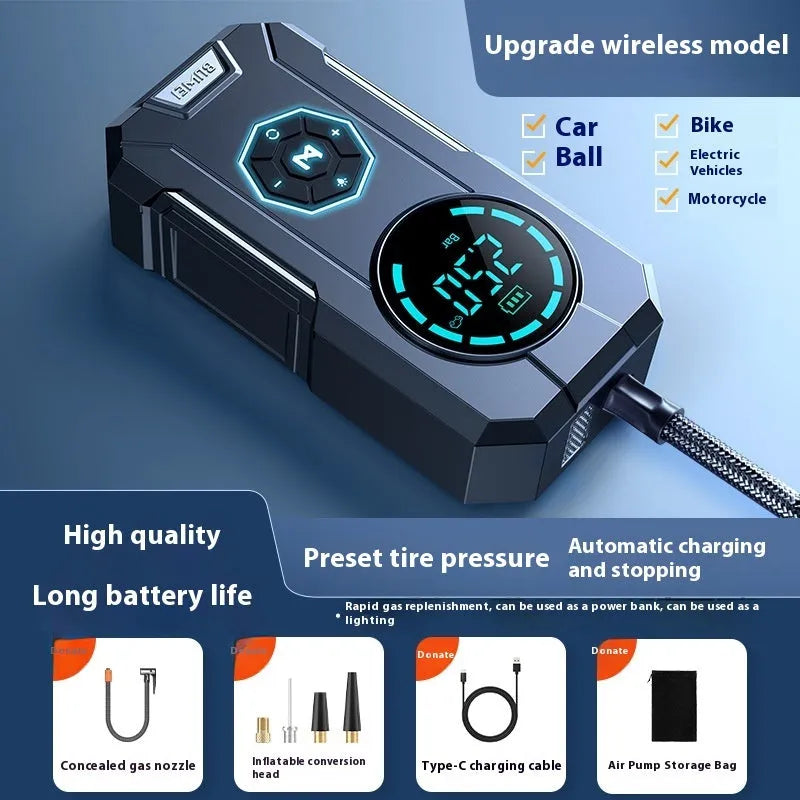 80W wireless portable car tyre inflator with USB charging and LED light, black ABS elastic paint body