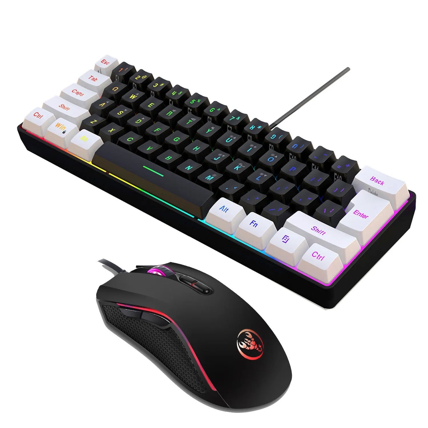 White and black keyboard and mouse combo with colour backlighting and 1.5-metre USB cable