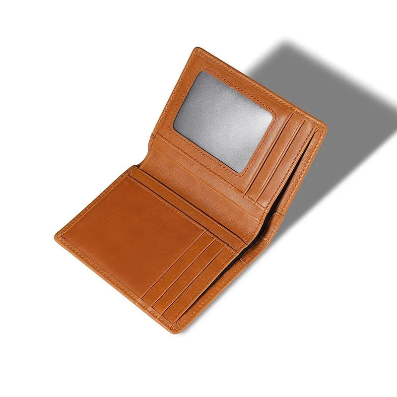 Men's genuine leather wallet in polished brown short vertical layout with cowhide lining and anti-theft function