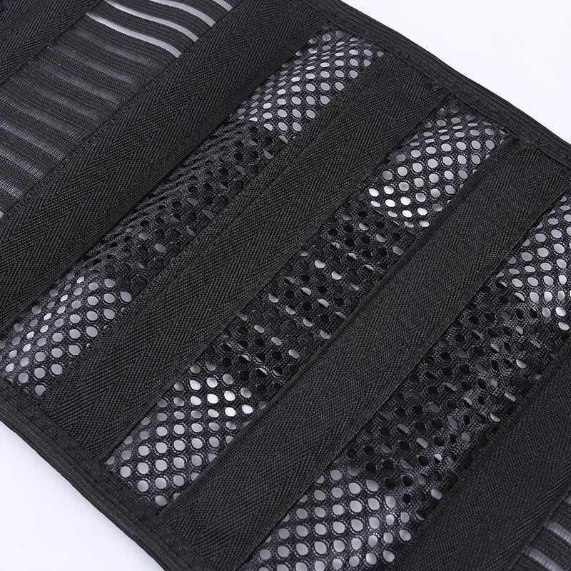 Black sports waist support belt with breathable design and internal steel plate for lumbar protection.