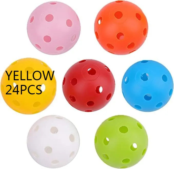 24 multi-colour 42mm golf practice balls in red, orange, blue, green, white, yellow stored in mesh net bag