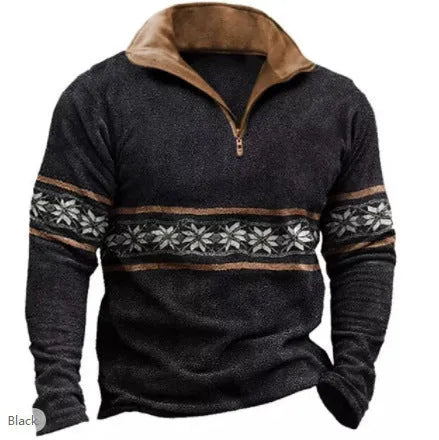 Man wearing a loose-fit long sleeve golf top with retro colour printing and a zipper decoration detail.